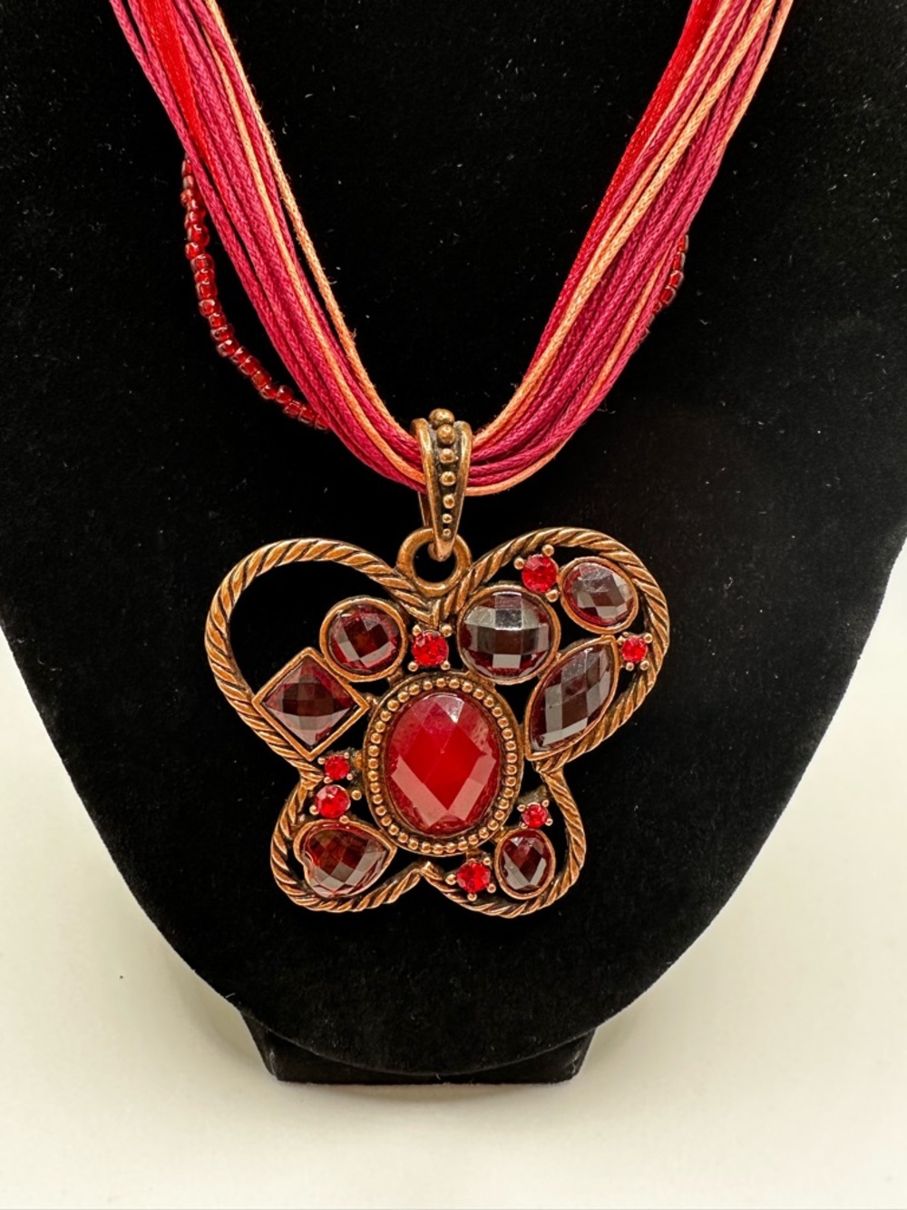 Red Butterfly Nature With Multi Cord Boho Casual Dressed Up Necklace - Picture 3 of 11
